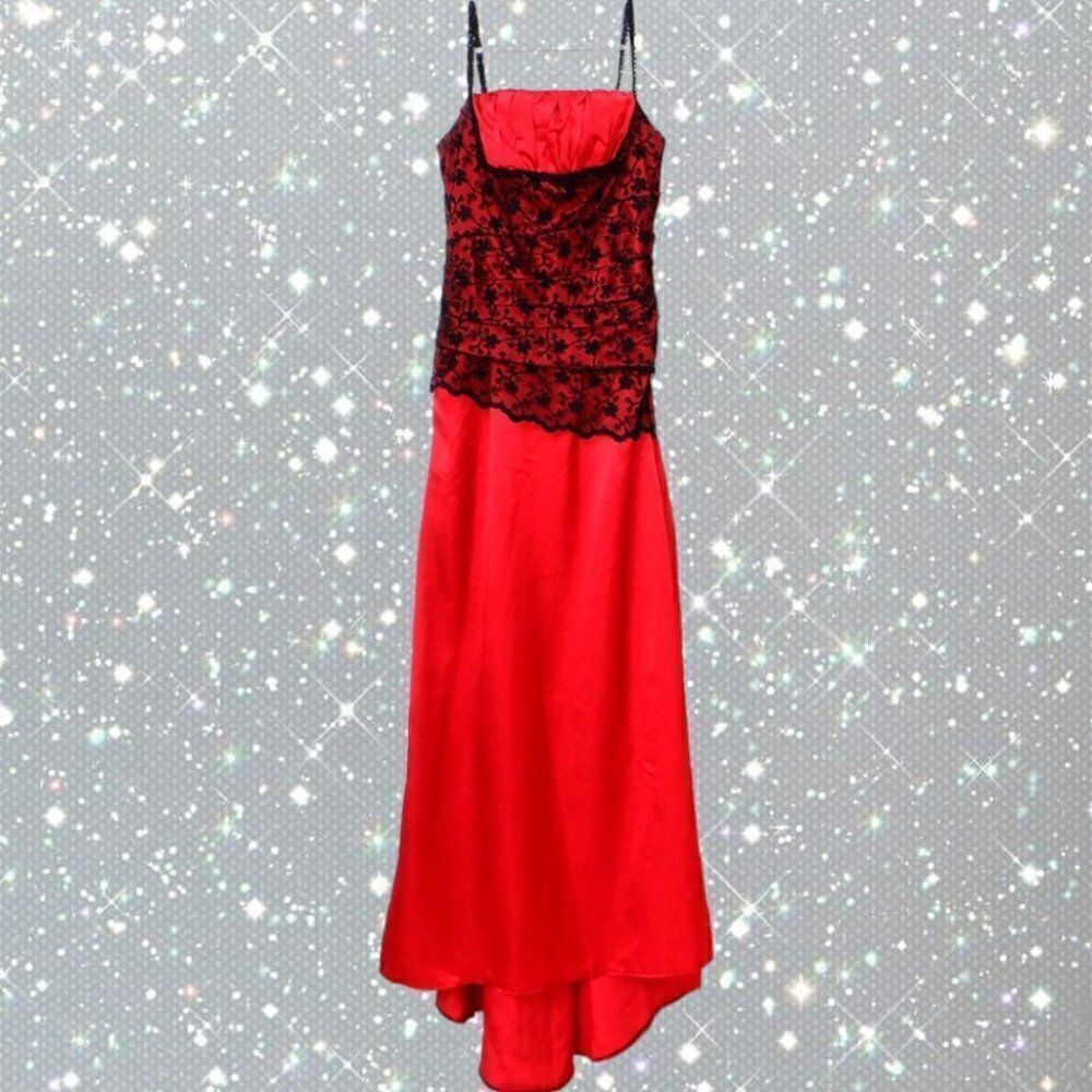 Red & black lace and satin long saloon girl dress